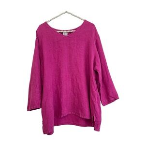 Match Point USA Lagenlook Hot Pink 100% Linen Tunic 3/4 Sleeves Top Size XL